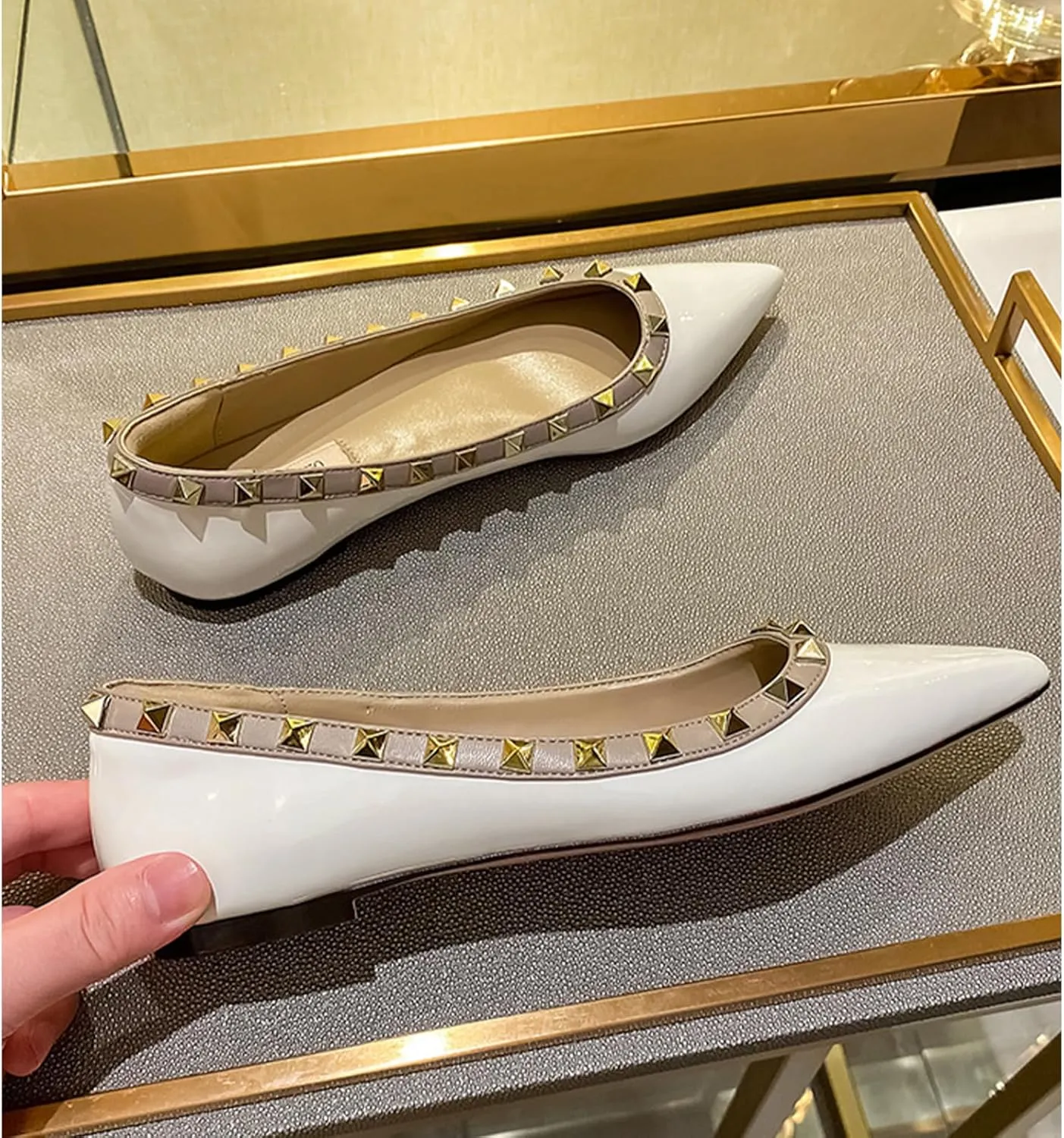 Women Fashion Patent Leathe Studded Rivet Slip on Flat Shoes Summer Closed Pointed Toe Shallow Mouth Comfortable Dress Walking Flat Shoes