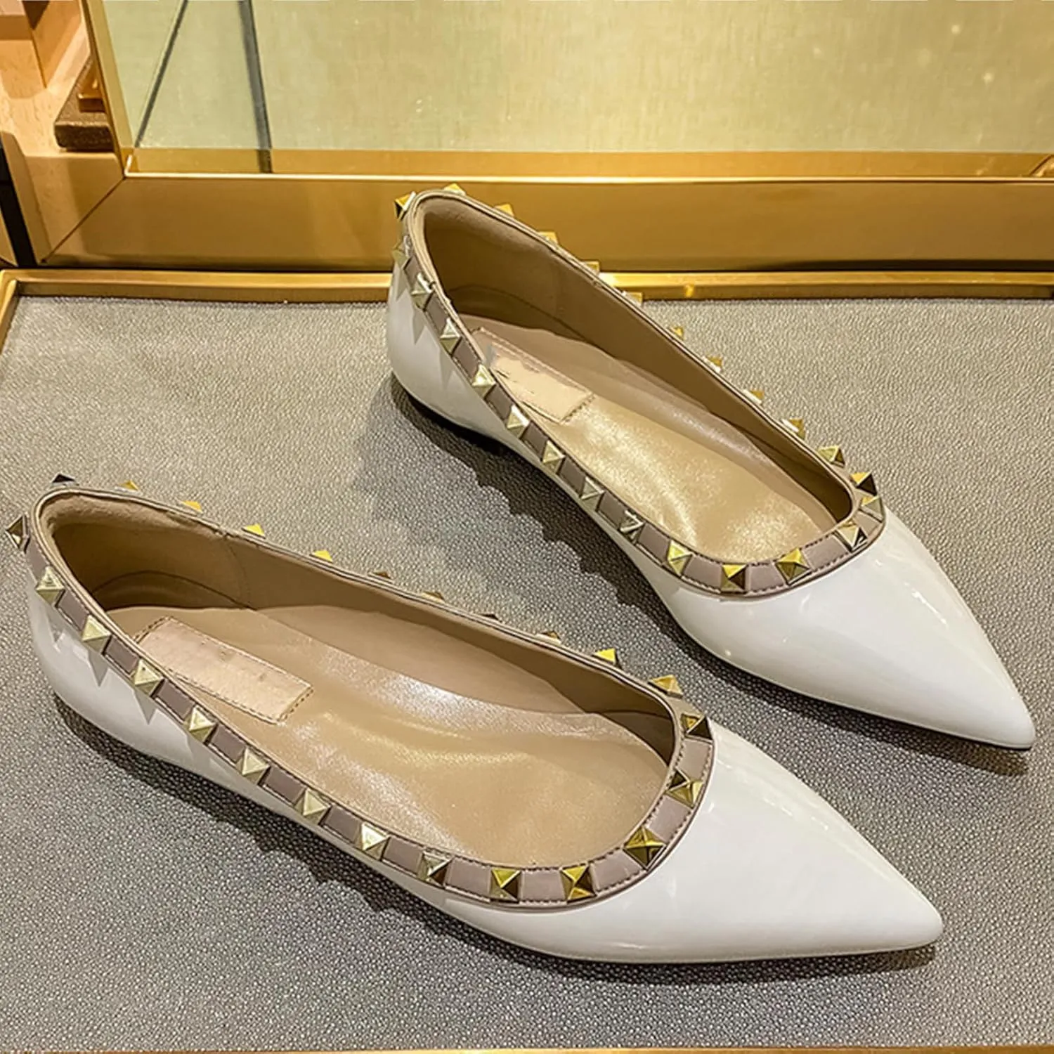 Women Fashion Patent Leathe Studded Rivet Slip on Flat Shoes Summer Closed Pointed Toe Shallow Mouth Comfortable Dress Walking Flat Shoes