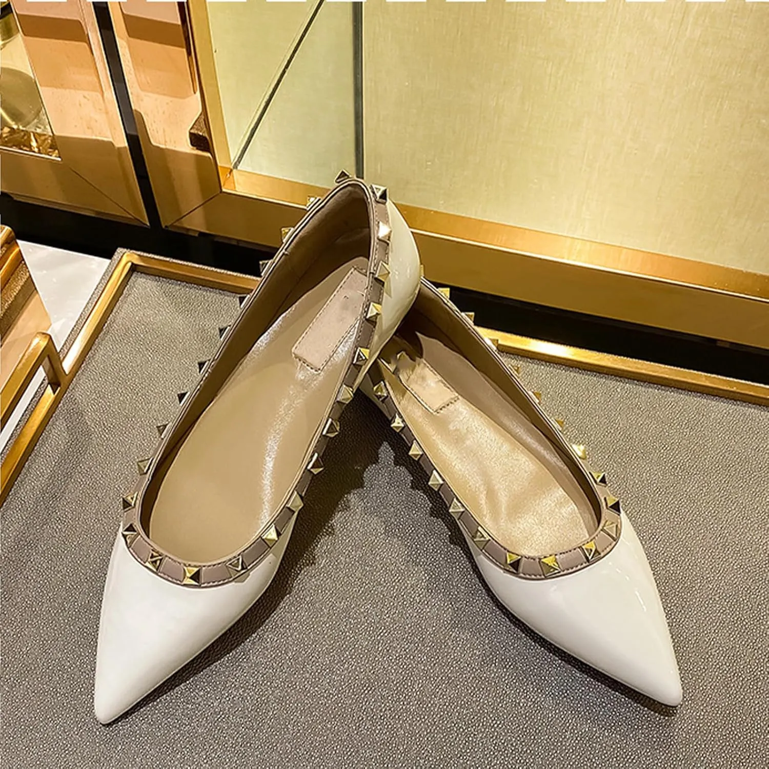 Women Fashion Patent Leathe Studded Rivet Slip on Flat Shoes Summer Closed Pointed Toe Shallow Mouth Comfortable Dress Walking Flat Shoes