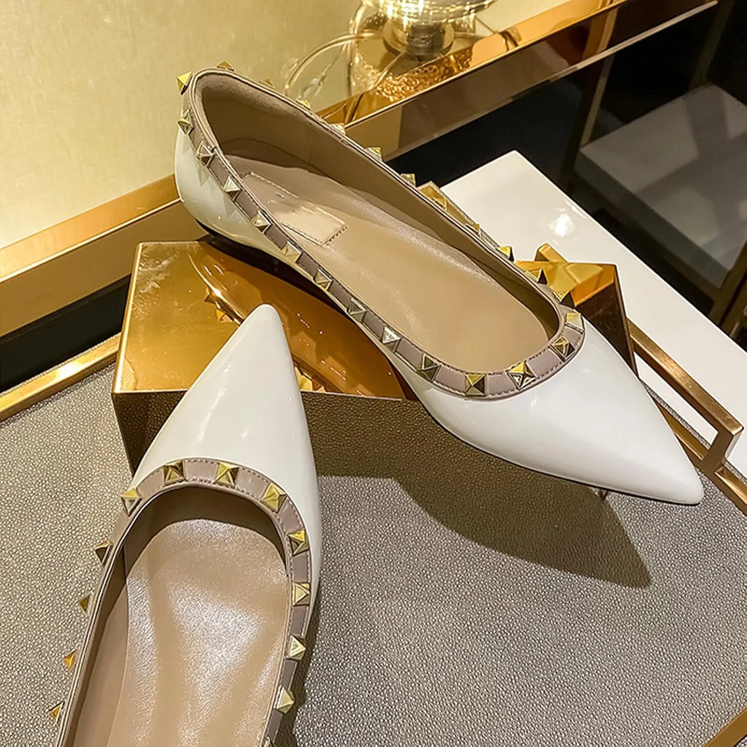 Women Fashion Patent Leathe Studded Rivet Slip on Flat Shoes Summer Closed Pointed Toe Shallow Mouth Comfortable Dress Walking Flat Shoes