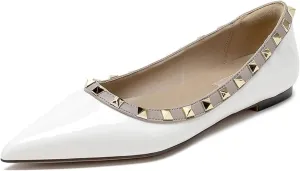 Women Fashion Patent Leathe Studded Rivet Slip on Flat Shoes Summer Closed Pointed Toe Shallow Mouth Comfortable Dress Walking Flat Shoes