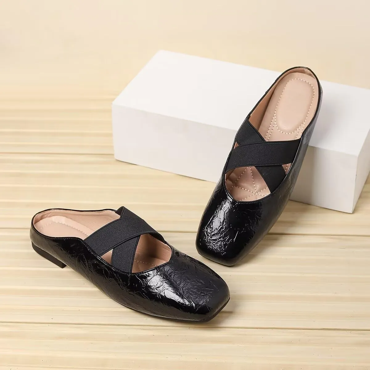 Women Mules Elegant Dressy Flats Closed Toe Microfiber Leather Shoes Adjustable Buckle Strap Mary Jane Casual Office Shoes