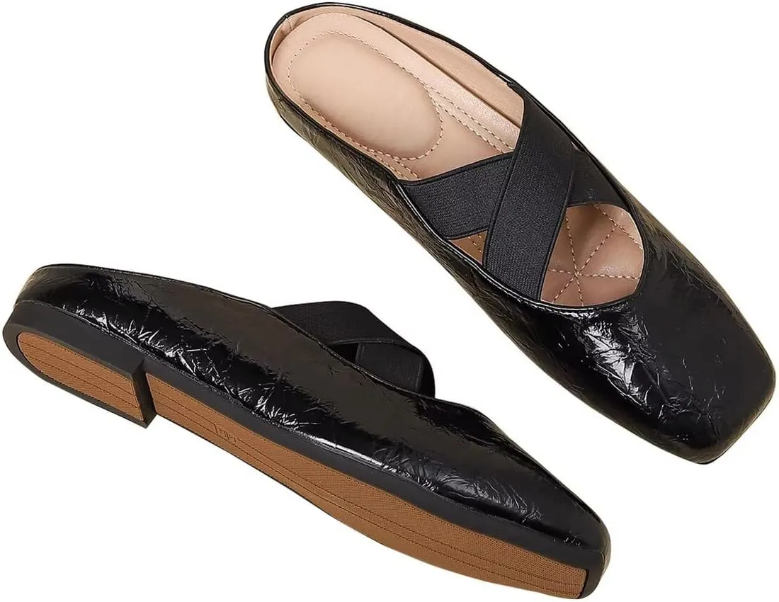 Women Mules Elegant Dressy Flats Closed Toe Microfiber Leather Shoes Adjustable Buckle Strap Mary Jane Casual Office Shoes