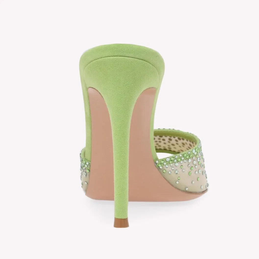 Women Rhinestone Mesh Stiletto Heels Slip On Mules Open Pointed Toe Pumps Crystal Embellished Heeled Sandals Party Dressy Slides Shoes