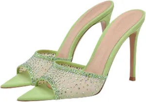 Women Rhinestone Mesh Stiletto Heels Slip On Mules Open Pointed Toe Pumps Crystal Embellished Heeled Sandals Party Dressy Slides Shoes
