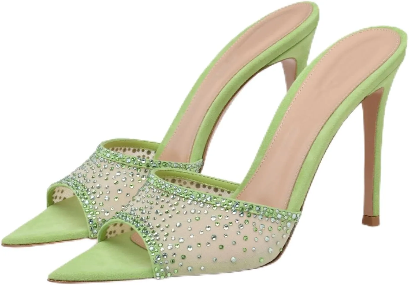 Women Rhinestone Mesh Stiletto Heels Slip On Mules Open Pointed Toe Pumps Crystal Embellished Heeled Sandals Party Dressy Slides Shoes