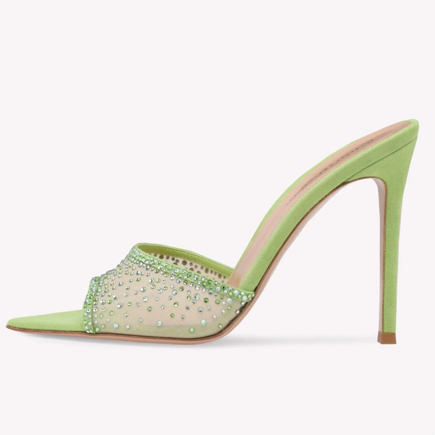 Women Rhinestone Mesh Stiletto Heels Slip On Mules Open Pointed Toe Pumps Crystal Embellished Heeled Sandals Party Dressy Slides Shoes