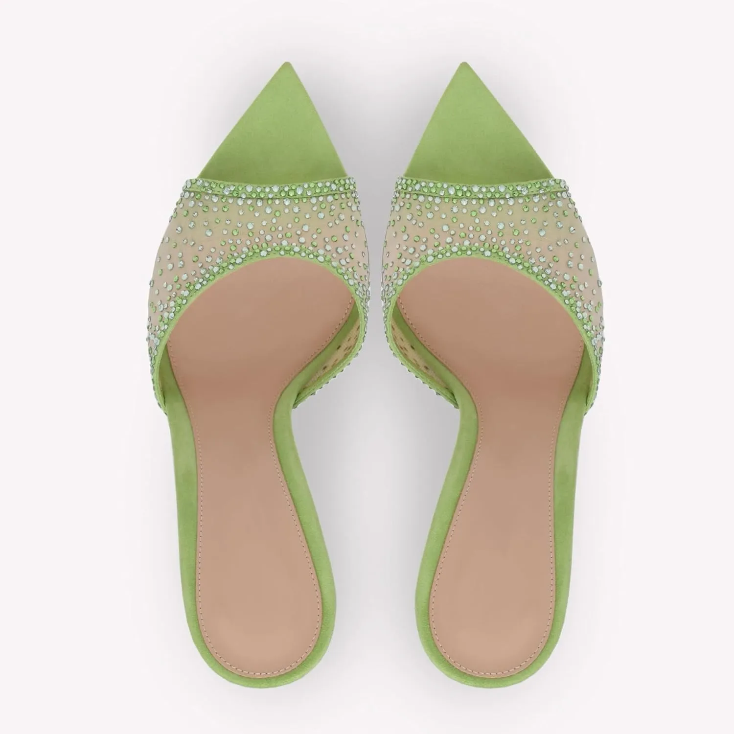 Women Rhinestone Mesh Stiletto Heels Slip On Mules Open Pointed Toe Pumps Crystal Embellished Heeled Sandals Party Dressy Slides Shoes
