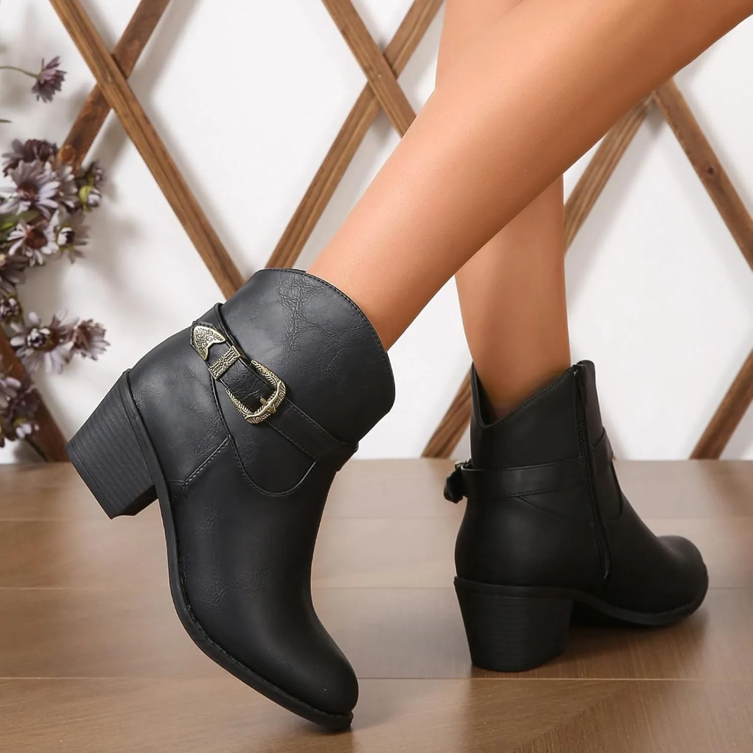 Women's Ankle Boots Thick Heel Low Heeled Booties for Women Winter Shoes Pointed Toe Chunky Stacked Heel Booties Retro Buckle Strap Boots Side Zipper Slip On Faux Leather Booties