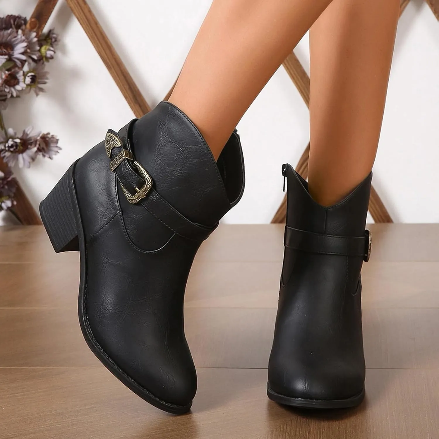 Women's Ankle Boots Thick Heel Low Heeled Booties for Women Winter Shoes Pointed Toe Chunky Stacked Heel Booties Retro Buckle Strap Boots Side Zipper Slip On Faux Leather Booties
