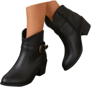 Women's Ankle Boots Thick Heel Low Heeled Booties for Women Winter Shoes Pointed Toe Chunky Stacked Heel Booties Retro Buckle Strap Boots Side Zipper Slip On Faux Leather Booties
