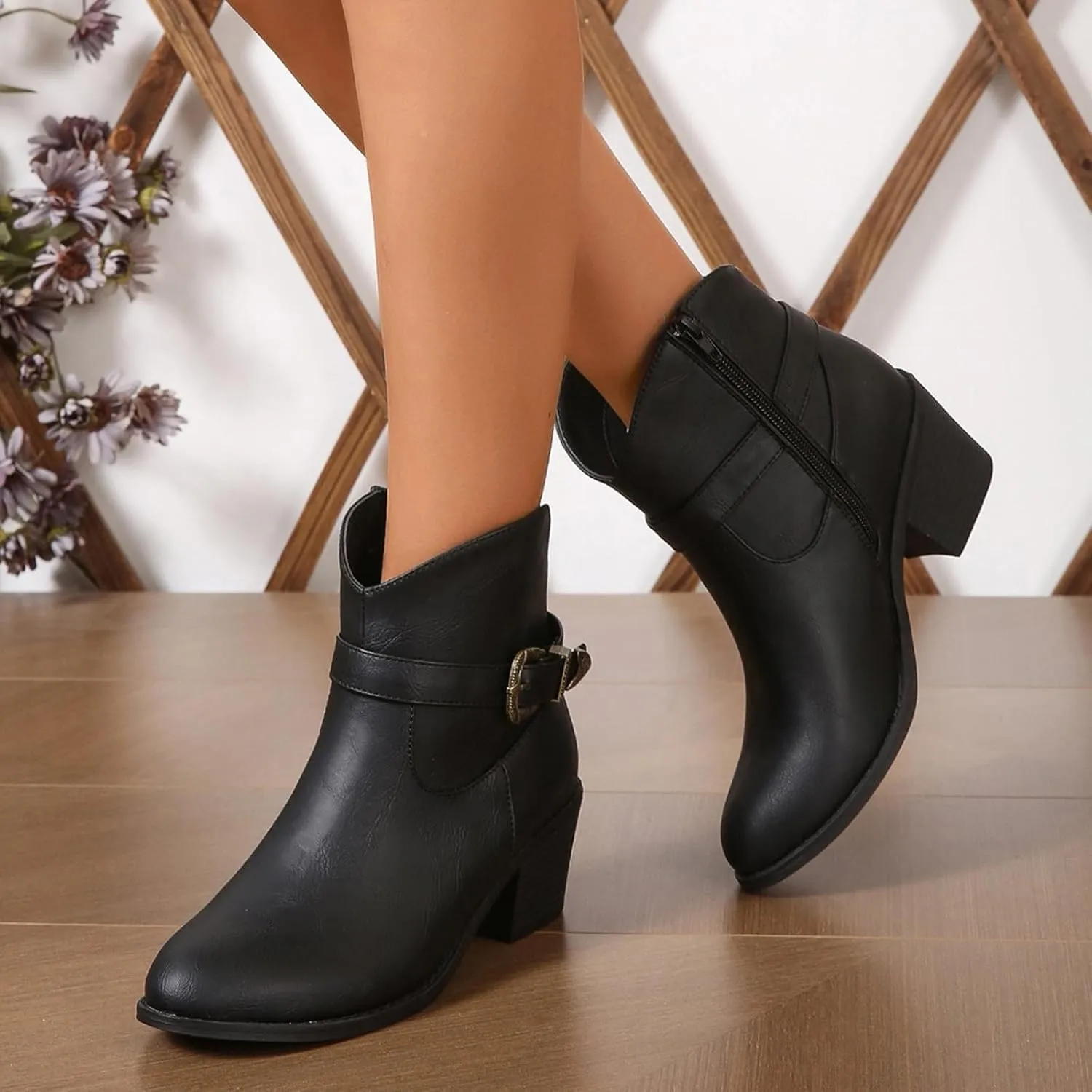 Women's Ankle Boots Thick Heel Low Heeled Booties for Women Winter Shoes Pointed Toe Chunky Stacked Heel Booties Retro Buckle Strap Boots Side Zipper Slip On Faux Leather Booties