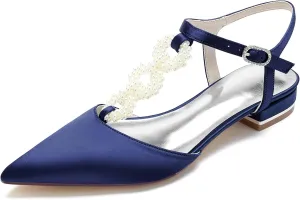 Women's Ankle Strap Wedding Shoes for Bride Satin Pointed Toe Wedding Flats Pearl T-Strap Formal Prom Party Dress Pumps