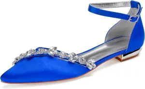 Women's Ankle Strap Wedding Shoes Satin Rhinestone Pointed Toe Flats for Bride