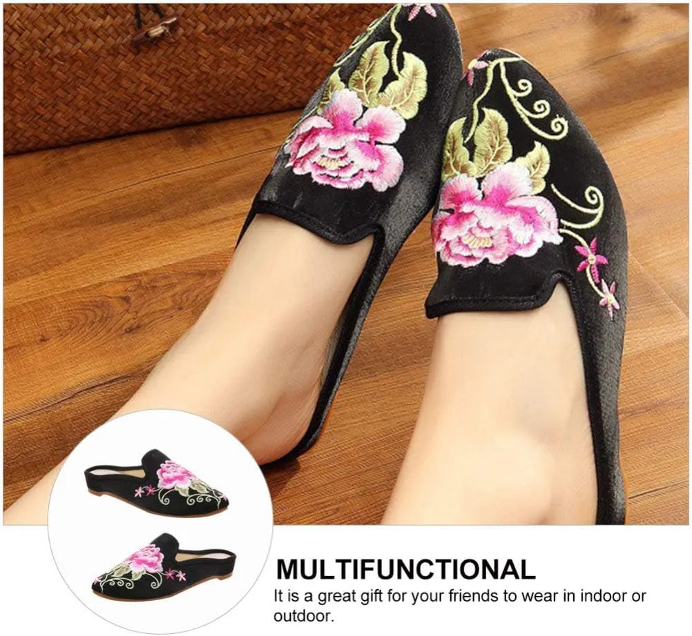 Womens Chinese Floral Peony Embroidery Pointed-Toe Satin Casual Mules House Pumps Slippers Shoes