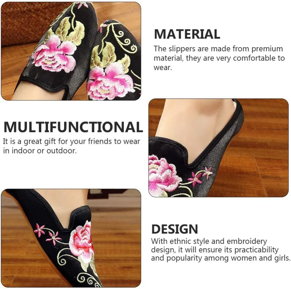 Womens Chinese Floral Peony Embroidery Pointed-Toe Satin Casual Mules House Pumps Slippers Shoes