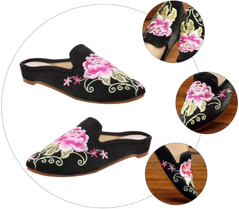 Womens Chinese Floral Peony Embroidery Pointed-Toe Satin Casual Mules House Pumps Slippers Shoes