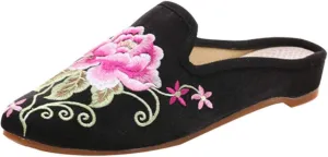 Womens Chinese Floral Peony Embroidery Pointed-Toe Satin Casual Mules House Pumps Slippers Shoes