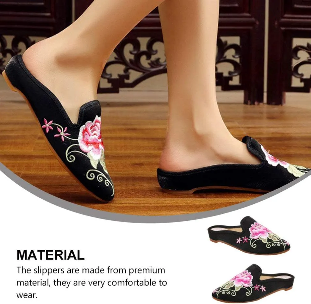 Womens Chinese Floral Peony Embroidery Pointed-Toe Satin Casual Mules House Pumps Slippers Shoes