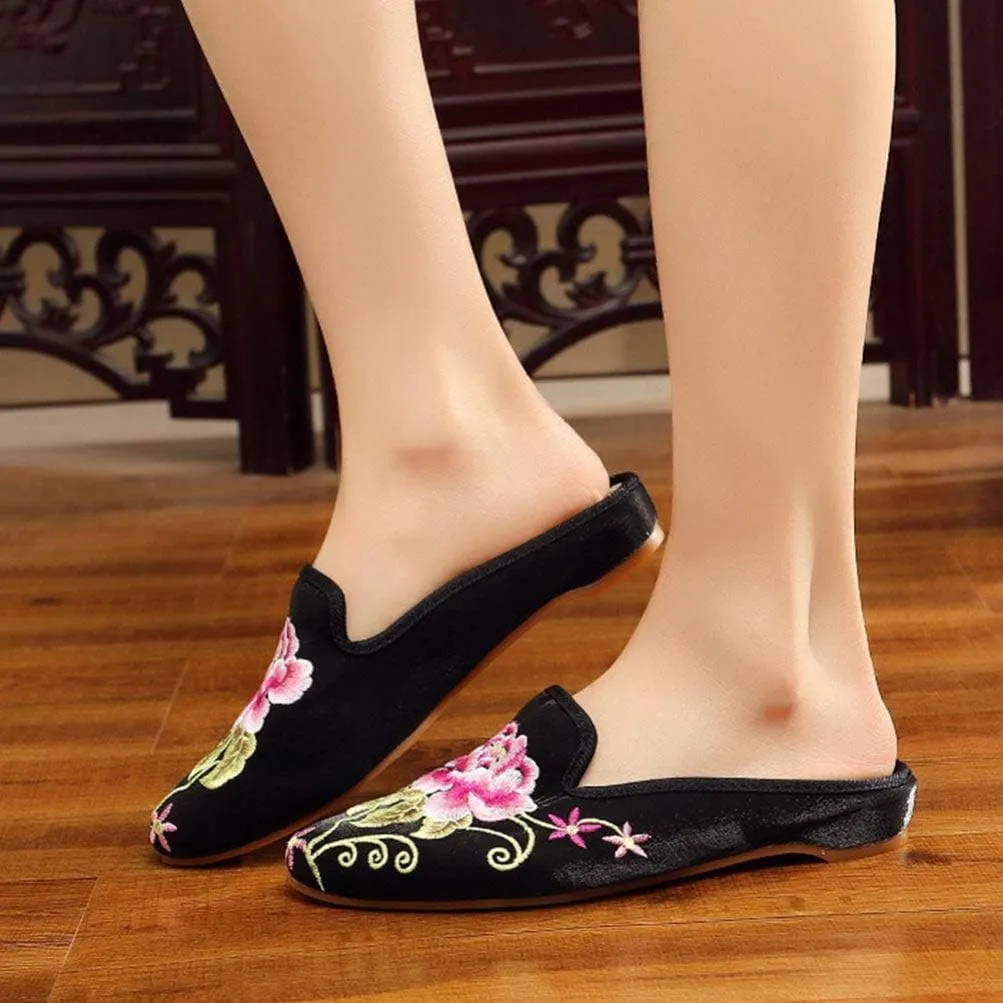 Womens Chinese Floral Peony Embroidery Pointed-Toe Satin Casual Mules House Pumps Slippers Shoes