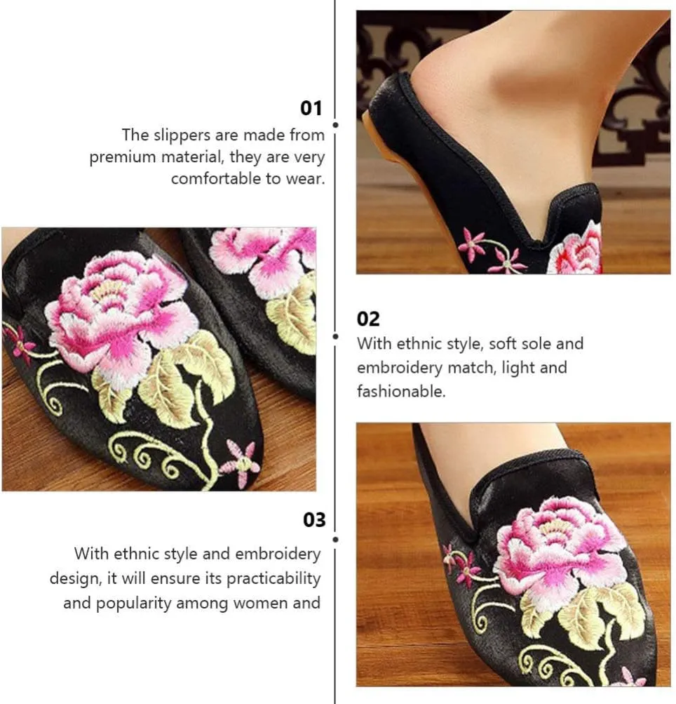Womens Chinese Floral Peony Embroidery Pointed-Toe Satin Casual Mules House Pumps Slippers Shoes