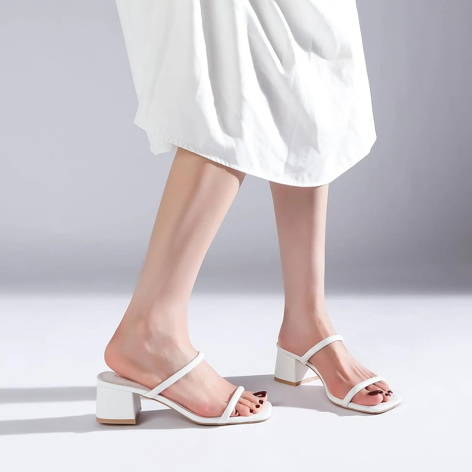 Women's Chunky Block Low Heeled Sandals Two Strap Square Open Toe Slip On Mule Heels