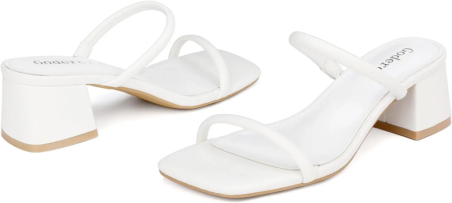 Women's Chunky Block Low Heeled Sandals Two Strap Square Open Toe Slip On Mule Heels