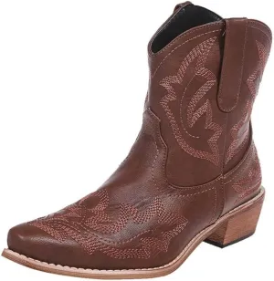 Women's Embroidered Floral Cowgirl Boots Low Chunky Heel Western Boots Western Stitched Pointe Toe High Top Ankle Boot Mid Calf Rider Boots