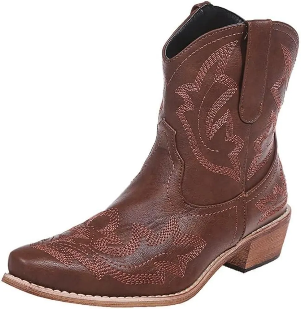 Women's Embroidered Floral Cowgirl Boots Low Chunky Heel Western Boots Western Stitched Pointe Toe High Top Ankle Boot Mid Calf Rider Boots