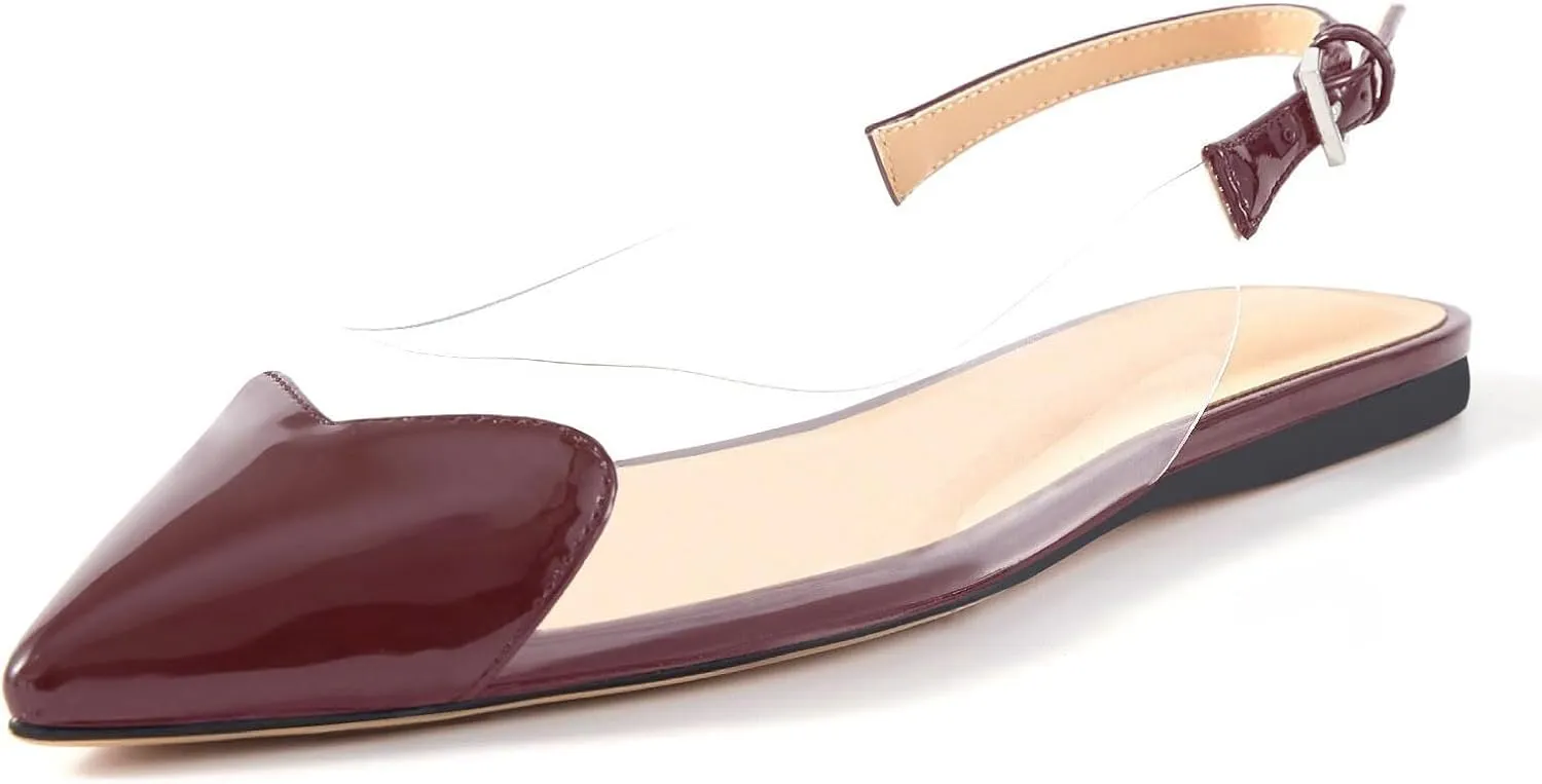 Women's Fashion Pointed Toe Heart Transparent PVC Slingback Flat Shoes Comfort Slip On Cap Toe Clear Ballet Flats Work Wedding Dress Flat Shoes for Women
