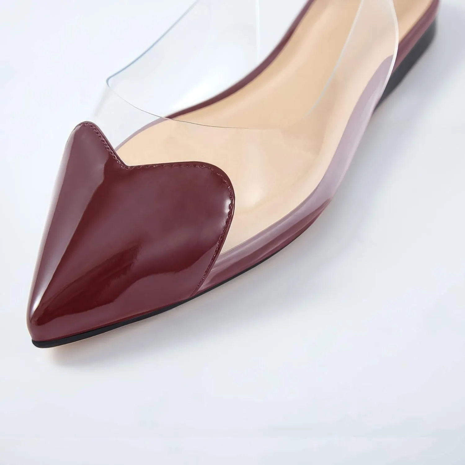 Women's Fashion Pointed Toe Heart Transparent PVC Slingback Flat Shoes Comfort Slip On Cap Toe Clear Ballet Flats Work Wedding Dress Flat Shoes for Women