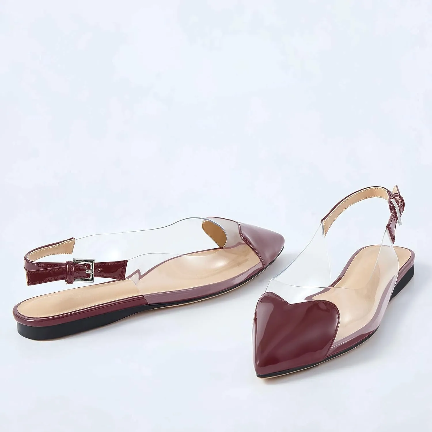 Women's Fashion Pointed Toe Heart Transparent PVC Slingback Flat Shoes Comfort Slip On Cap Toe Clear Ballet Flats Work Wedding Dress Flat Shoes for Women
