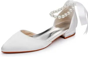 Women's Flat Shoes, White Satin Bridal Shoes Shallow Mouth Hollow Sandal Comfortable Low Heeled Wedding Dress Beaded Ribbon Party Dance Shoes,35 EU, Ivory