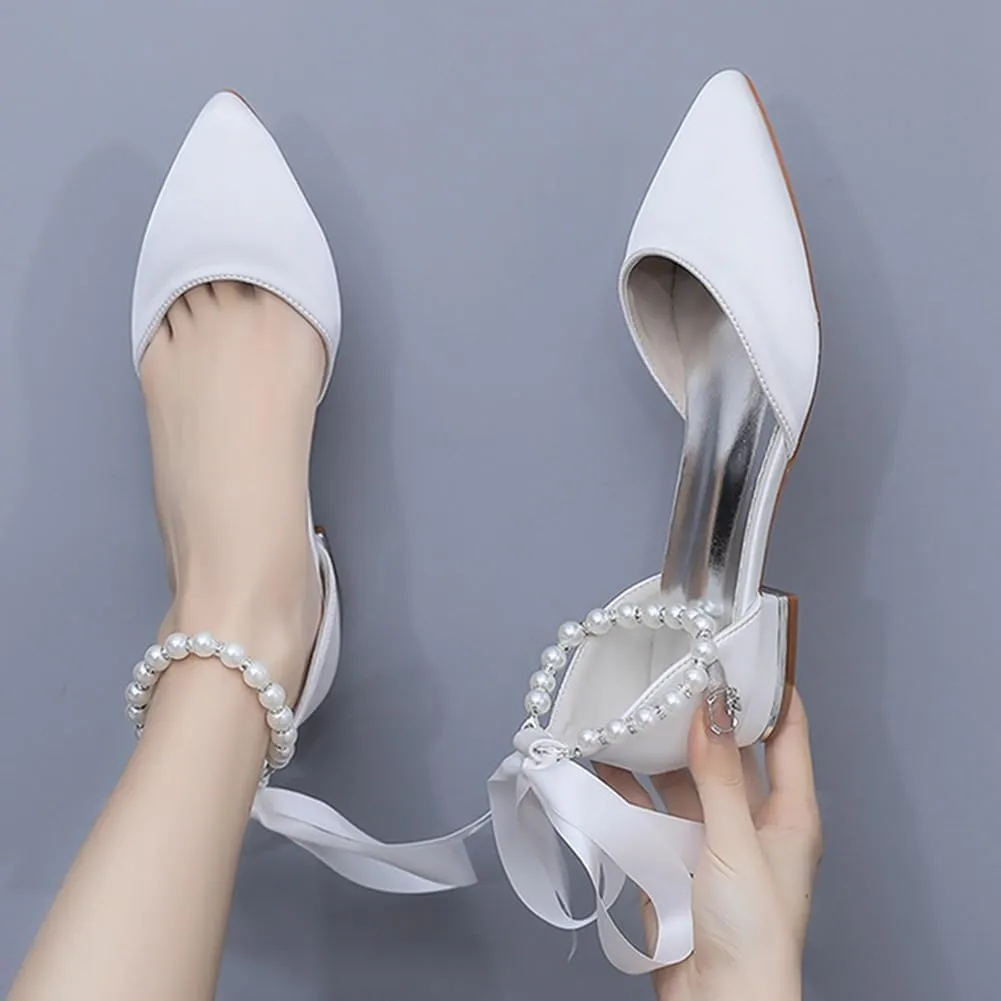Women's Flat Shoes, White Satin Bridal Shoes Shallow Mouth Hollow Sandal Comfortable Low Heeled Wedding Dress Beaded Ribbon Party Dance Shoes,35 EU, Ivory
