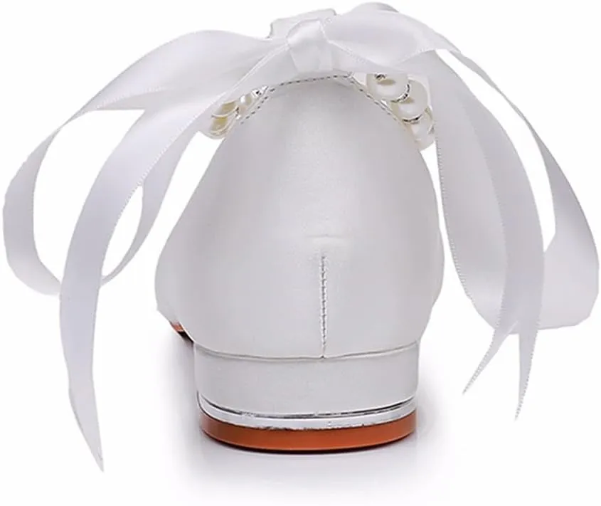 Women's Flat Shoes, White Satin Bridal Shoes Shallow Mouth Hollow Sandal Comfortable Low Heeled Wedding Dress Beaded Ribbon Party Dance Shoes,35 EU, Ivory
