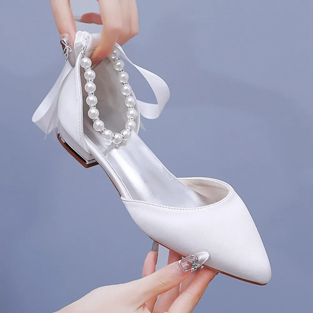 Women's Flat Shoes, White Satin Bridal Shoes Shallow Mouth Hollow Sandal Comfortable Low Heeled Wedding Dress Beaded Ribbon Party Dance Shoes,35 EU, Ivory
