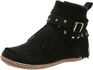 Women's Fringe Side-Zip Boot,Women's Suede Fringe Ankle Boots Wide Round Toe Flats Winter Warm Fashionable Western Outdoor Short Boots Boho Tassel Studded Slip On Booties with Zipper
