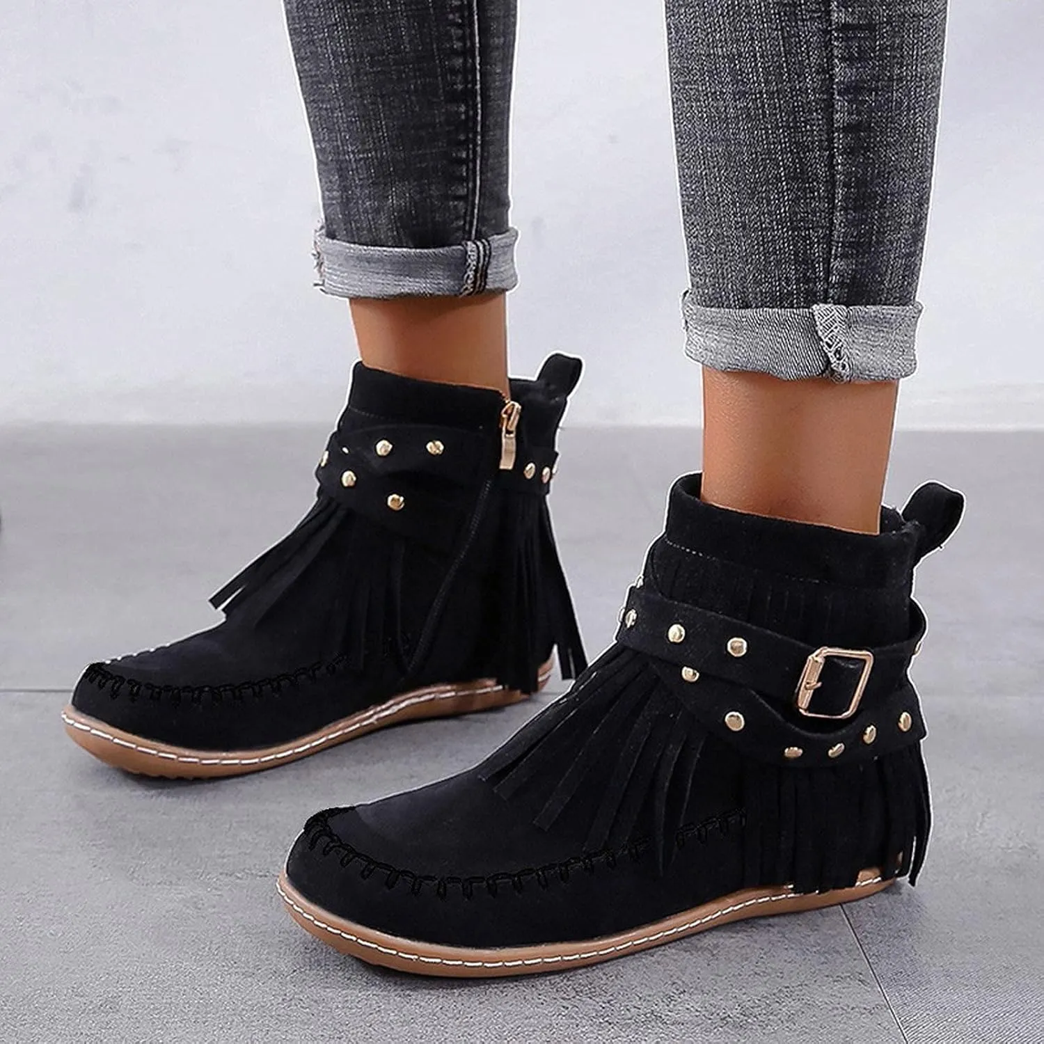 Women's Fringe Side-Zip Boot,Women's Suede Fringe Ankle Boots Wide Round Toe Flats Winter Warm Fashionable Western Outdoor Short Boots Boho Tassel Studded Slip On Booties with Zipper