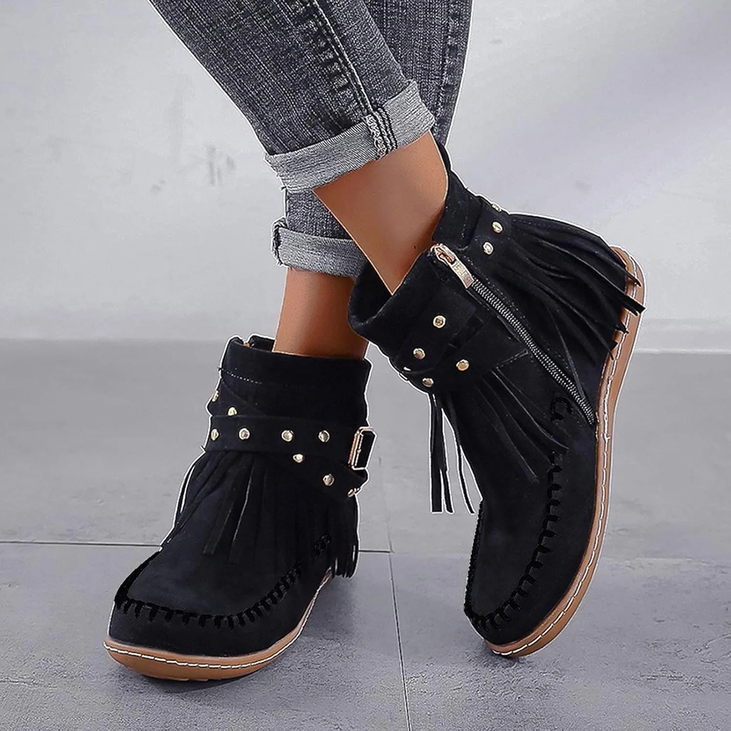 Women's Fringe Side-Zip Boot,Women's Suede Fringe Ankle Boots Wide Round Toe Flats Winter Warm Fashionable Western Outdoor Short Boots Boho Tassel Studded Slip On Booties with Zipper