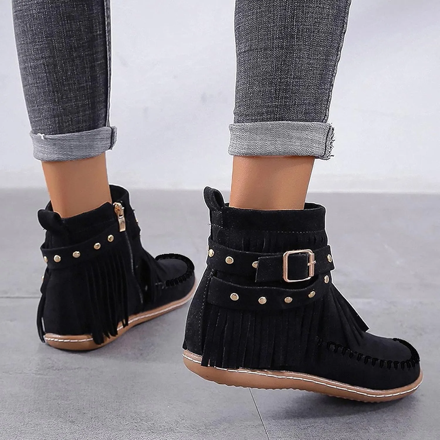Women's Fringe Side-Zip Boot,Women's Suede Fringe Ankle Boots Wide Round Toe Flats Winter Warm Fashionable Western Outdoor Short Boots Boho Tassel Studded Slip On Booties with Zipper