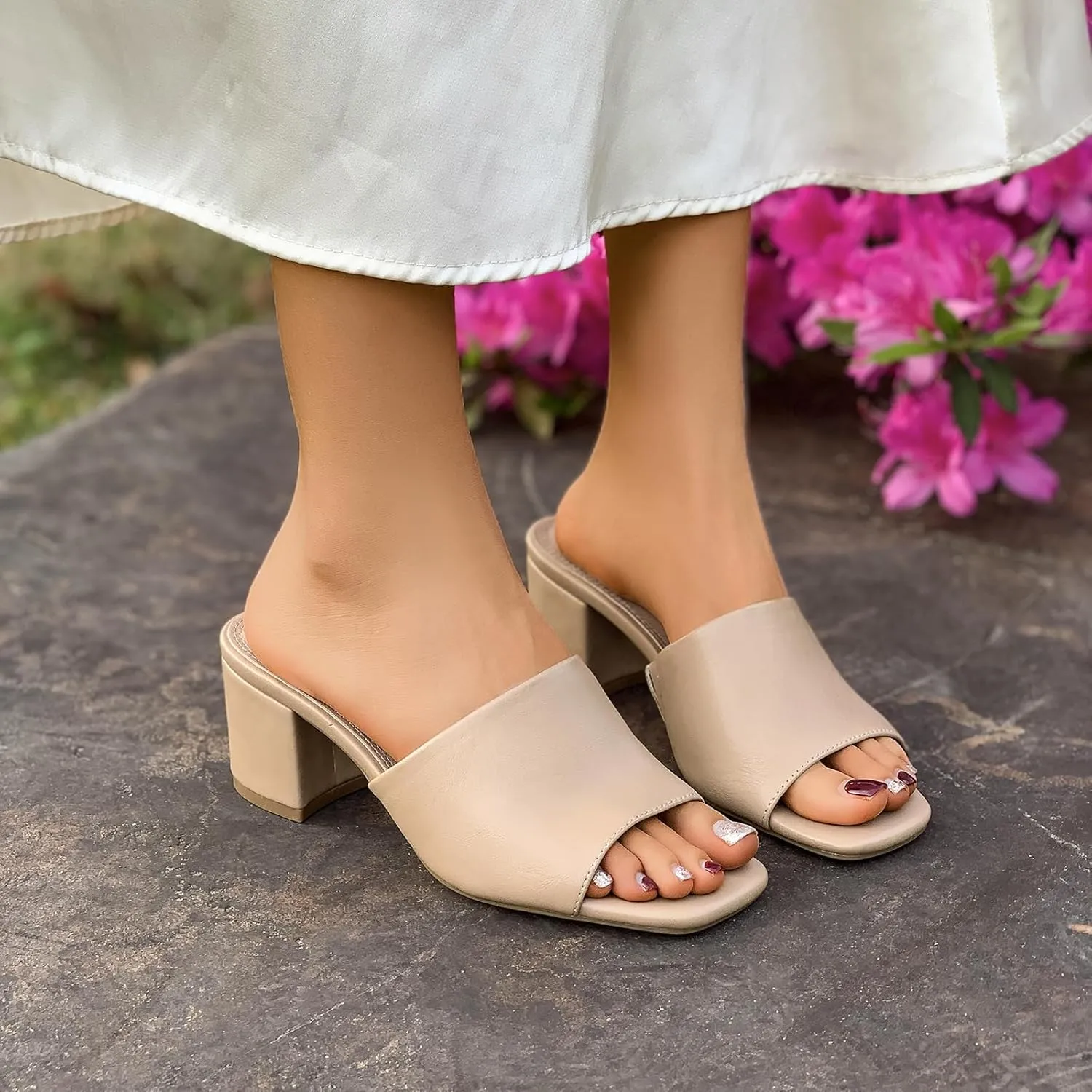 Women's Heeled Sandals Square Open Toe comfortable Heeled Mules Chunky Block Low Heel On Slides