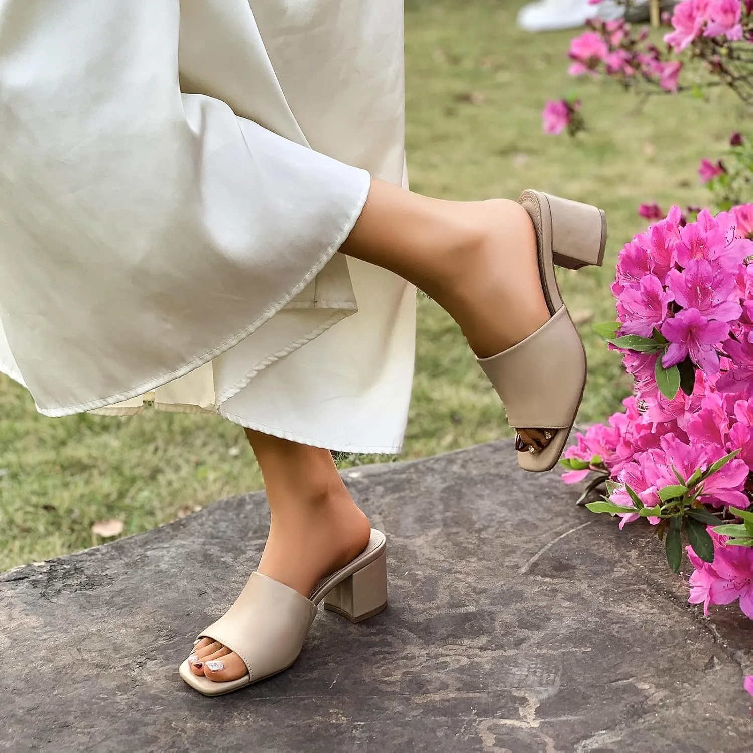 Women's Heeled Sandals Square Open Toe comfortable Heeled Mules Chunky Block Low Heel On Slides