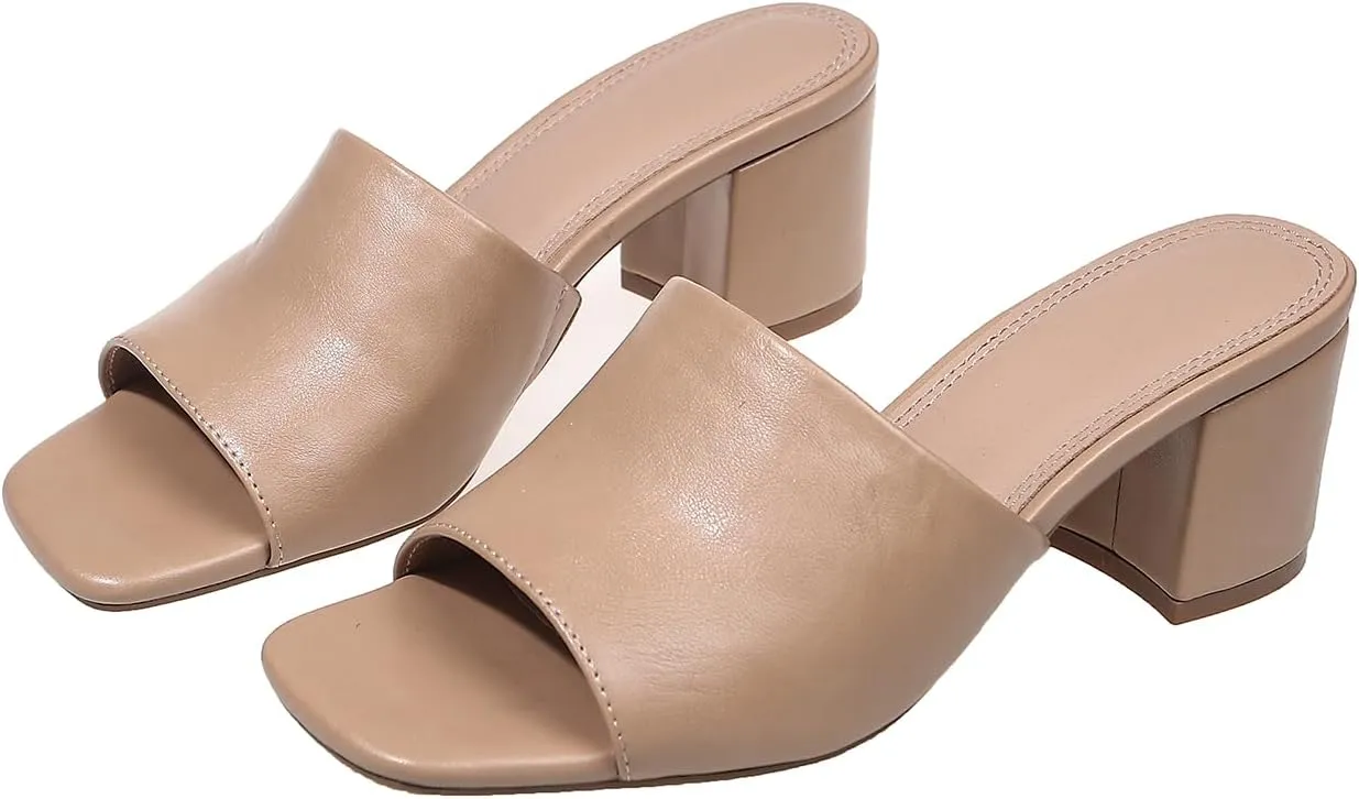 Women's Heeled Sandals Square Open Toe comfortable Heeled Mules Chunky Block Low Heel On Slides