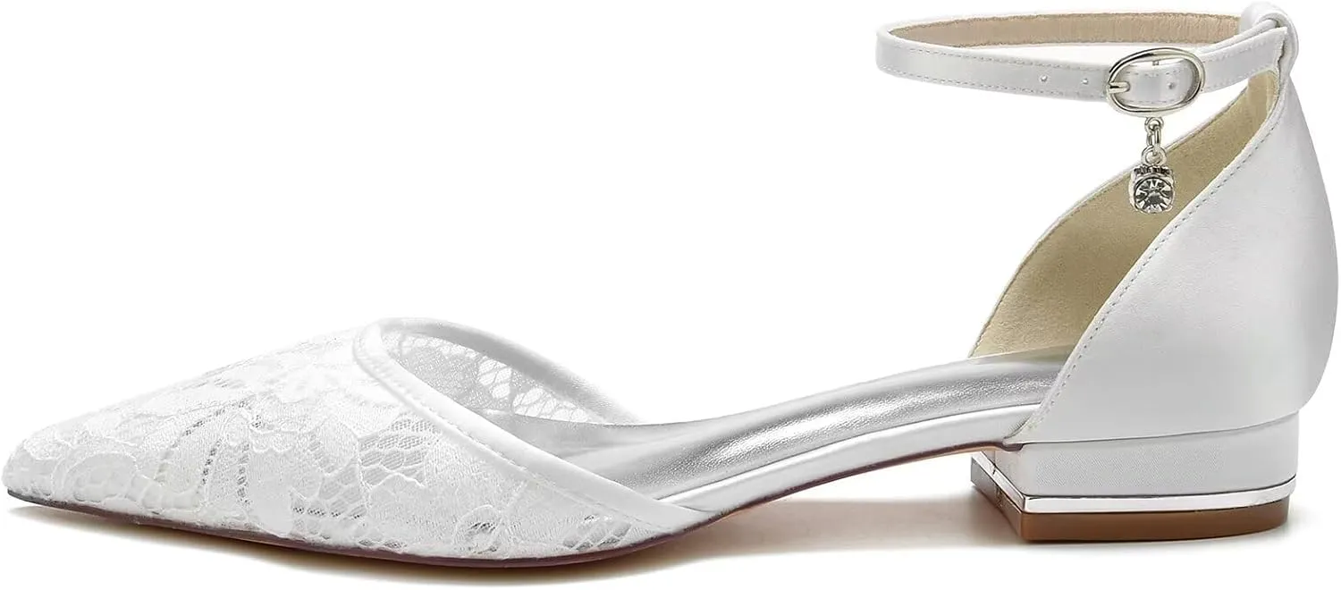 Women's Lace Ivory Flat Wedding Shoes for Bride Pointed Toe Comfortable Bridal Dress Bridesmaid Shoes