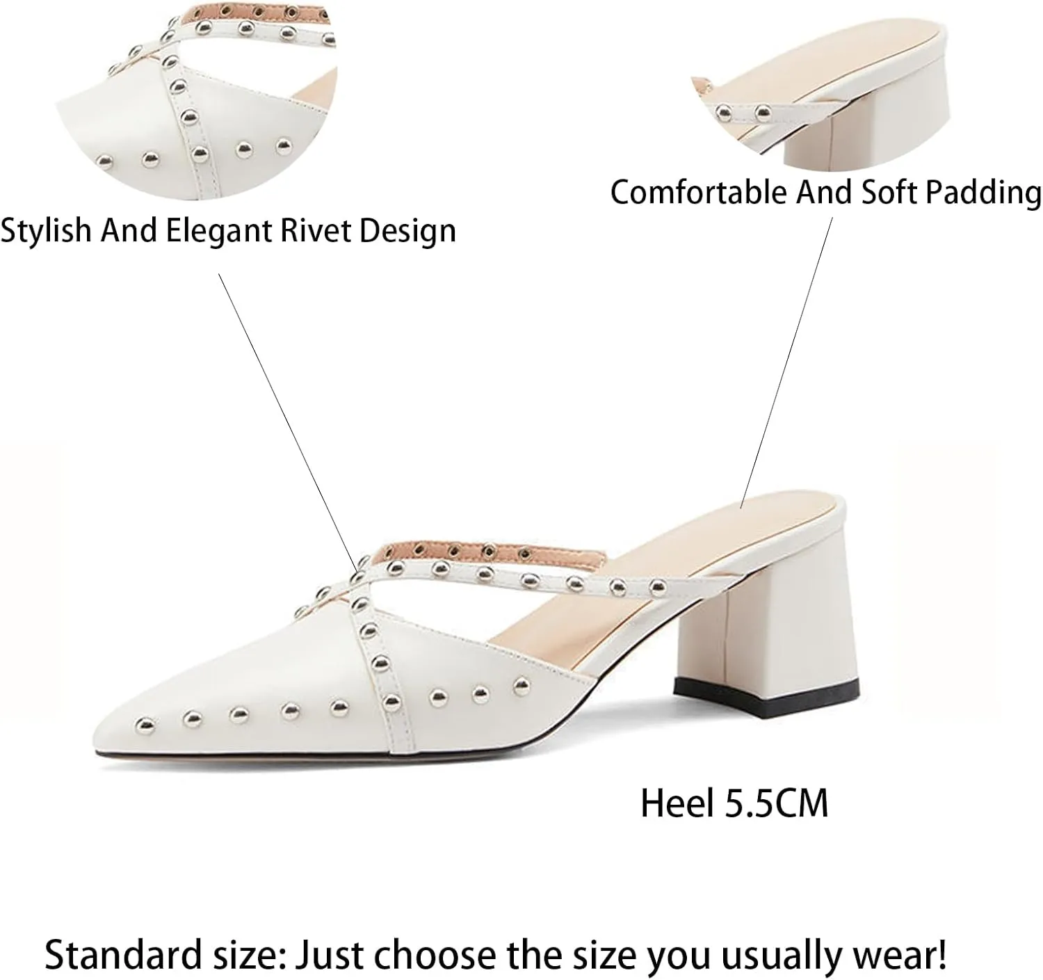 Women's Leather Rivet Closed Pointed Toe Block Heel Mules Fashion strappy Slip-On Slingback chunky mid Heels Slingback sandals for Summer Business Wedding Dress Office