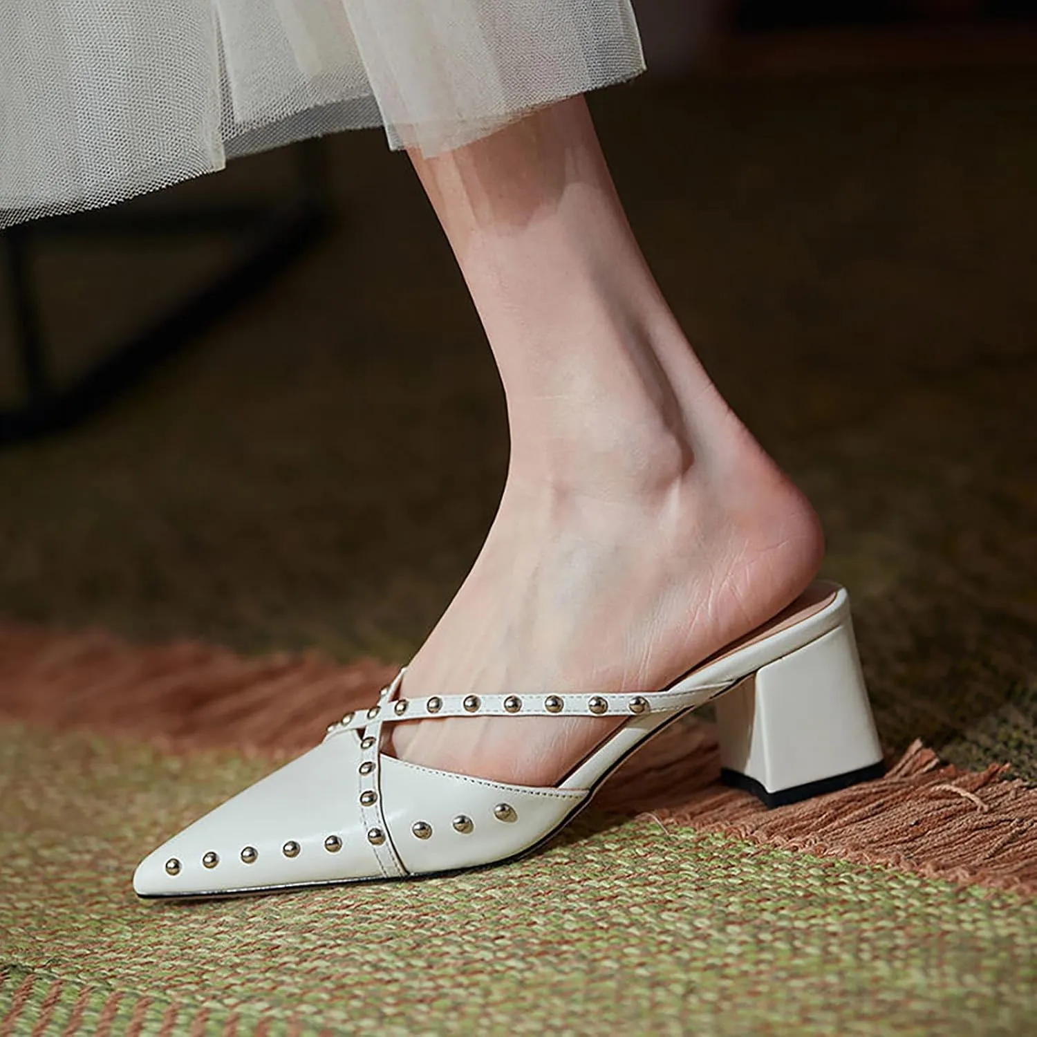 Women's Leather Rivet Closed Pointed Toe Block Heel Mules Fashion strappy Slip-On Slingback chunky mid Heels Slingback sandals for Summer Business Wedding Dress Office