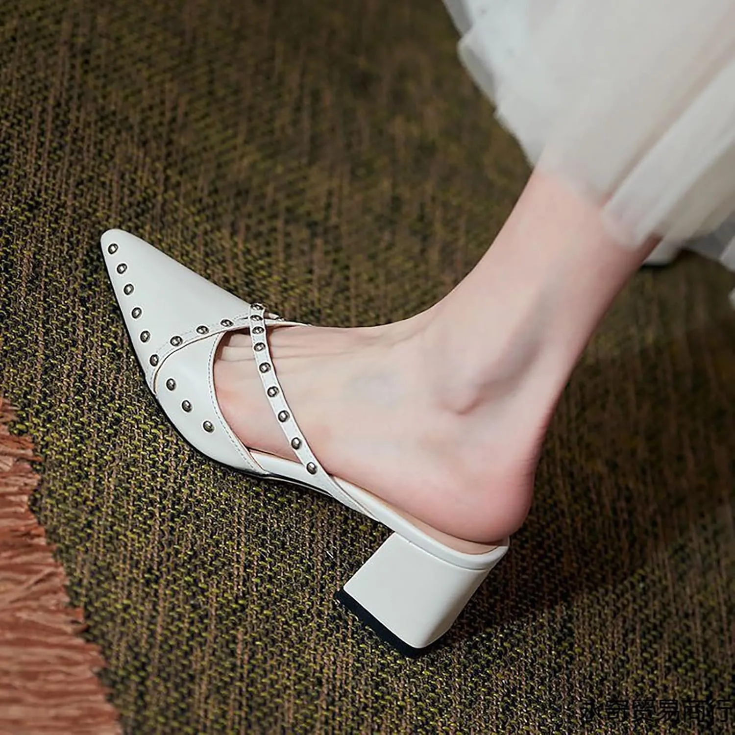 Women's Leather Rivet Closed Pointed Toe Block Heel Mules Fashion strappy Slip-On Slingback chunky mid Heels Slingback sandals for Summer Business Wedding Dress Office