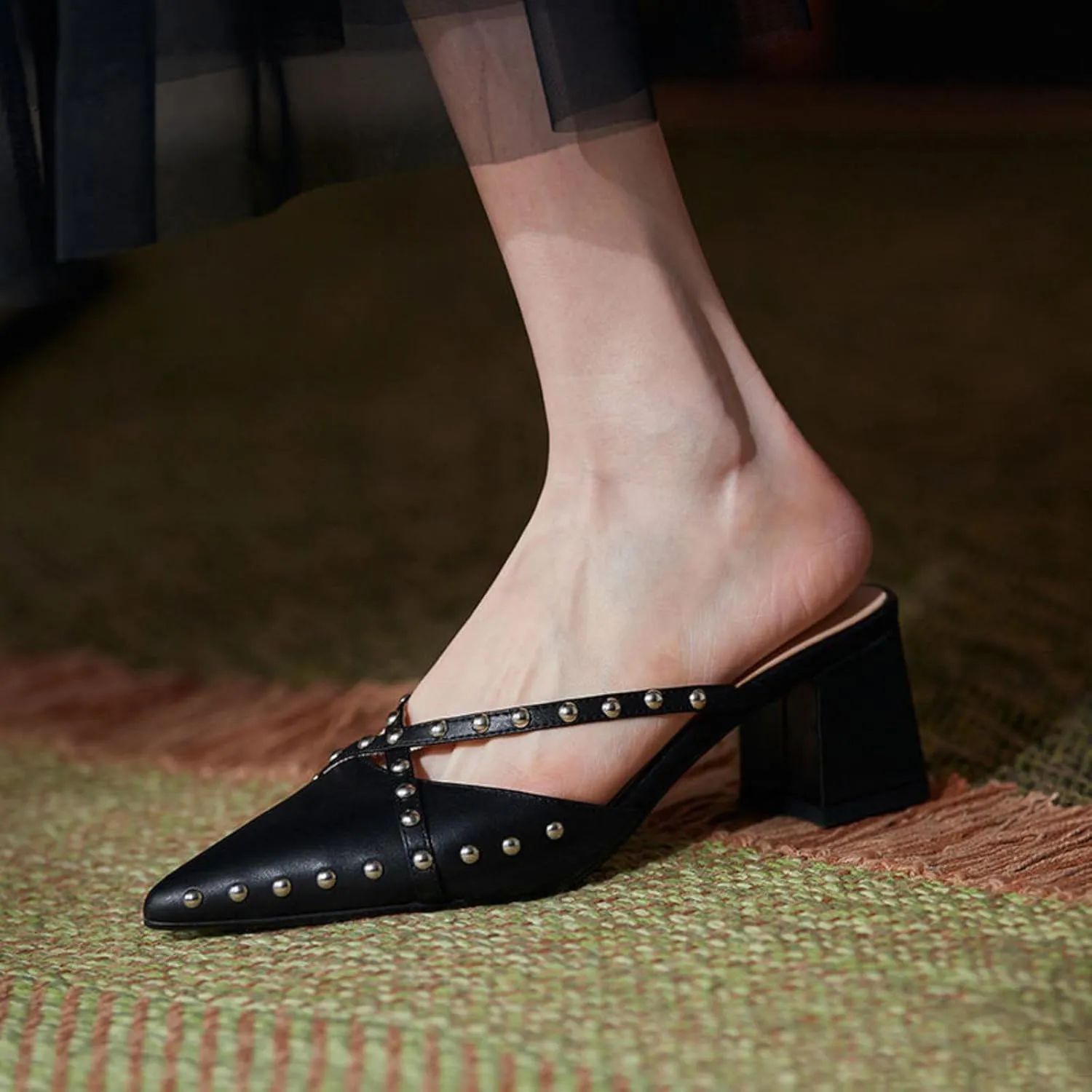 Women's Leather Rivet Closed Pointed Toe Block Heel Mules Fashion strappy Slip-On Slingback chunky mid Heels Slingback sandals for Summer Business Wedding Dress Office