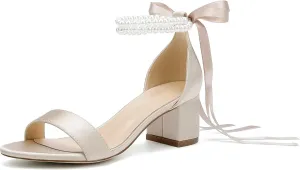 Women's Low Block Chunky Heels Sandals Open Toe Pearls Wedding Heels for Bride Heeled Party Dress Pump Shoes