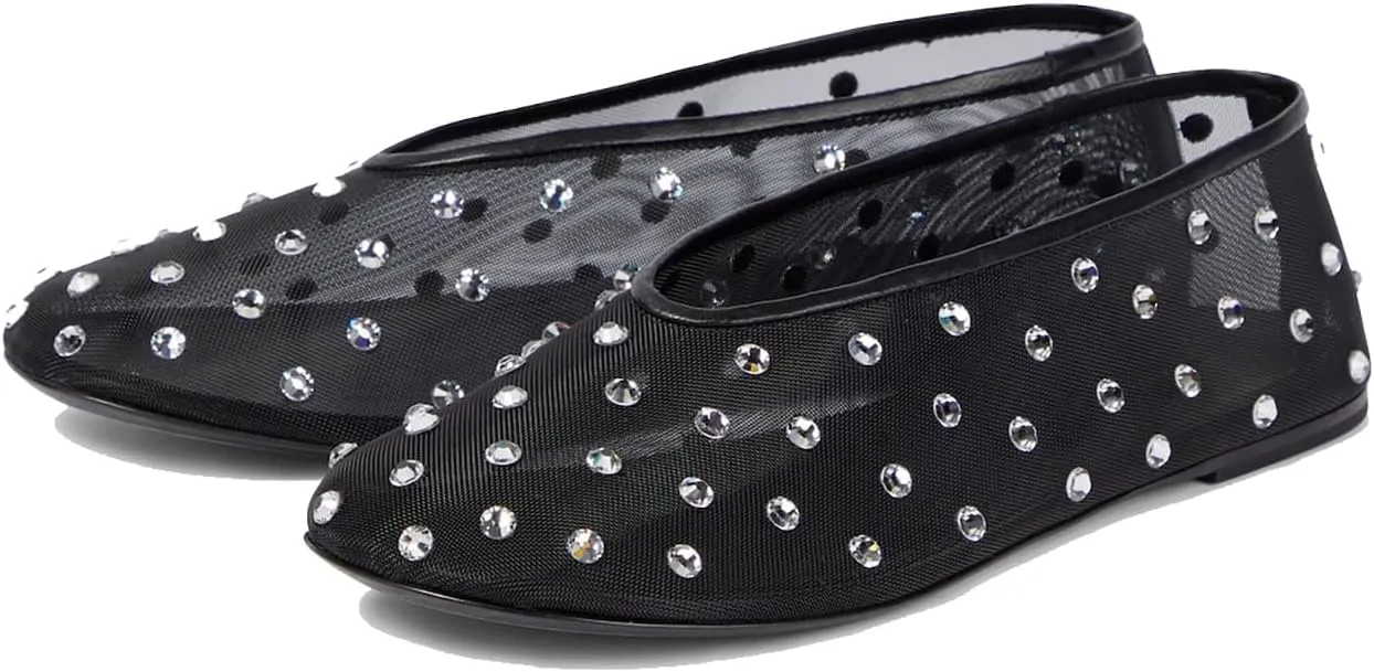 Women's Mesh Ballet Flat Shoes with Glitter Rhinestone Crystal Ballerina Flats Closed Square Toe Comfortable Casual Dress Mary Jane Shoes Ladies